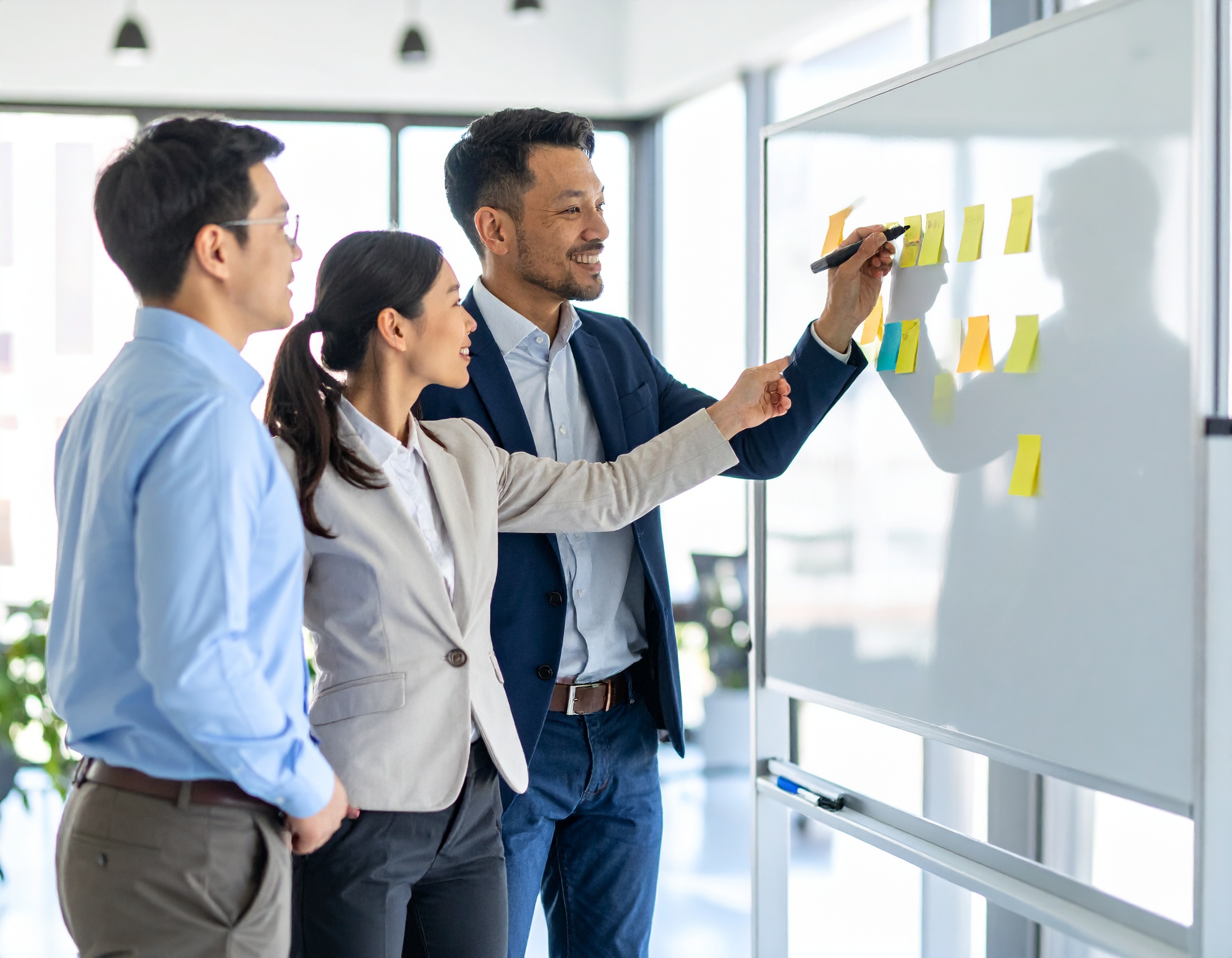 ホワイトボードと付箋を使って共同作業するチーム